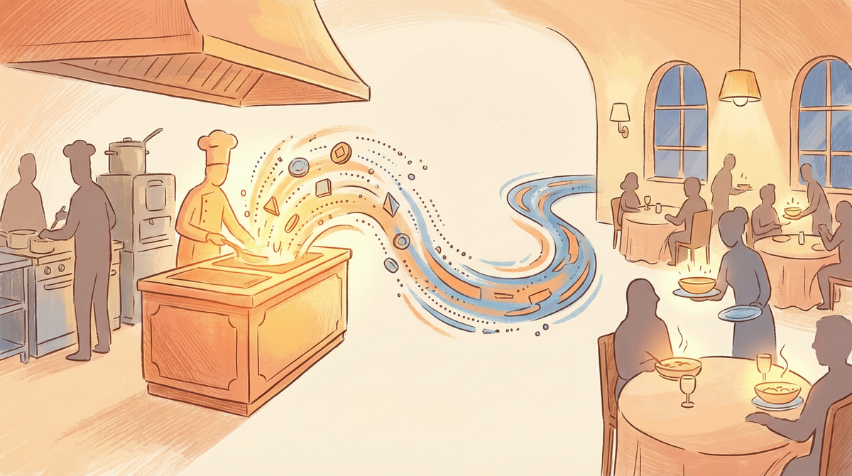 AI inference explained: Restaurant kitchen transforming into flowing tokens representing the shift from AI training to real-time inference