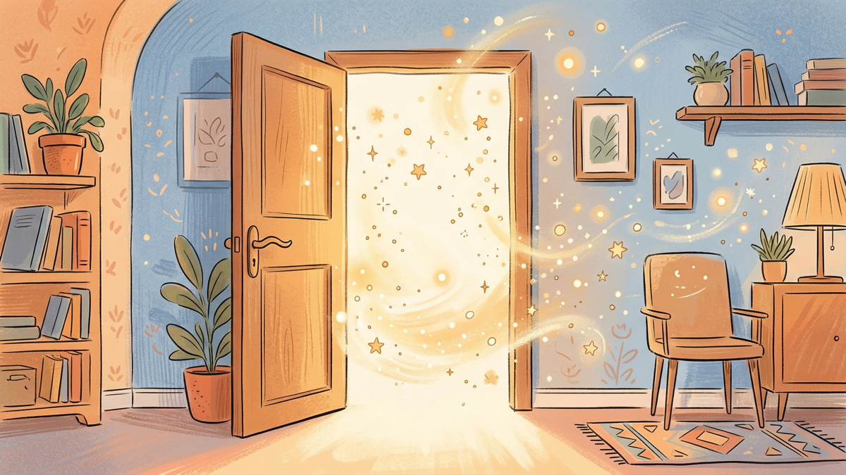 AI practical guide illustration: open doorway with golden light and floating stars representing accessibility and invitation into AI for everyone