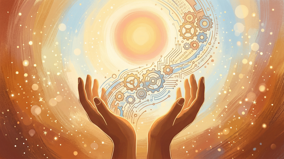 AI jobs and employment concept: human hands reaching toward light with gears and circuits showing AI amplifying human capability