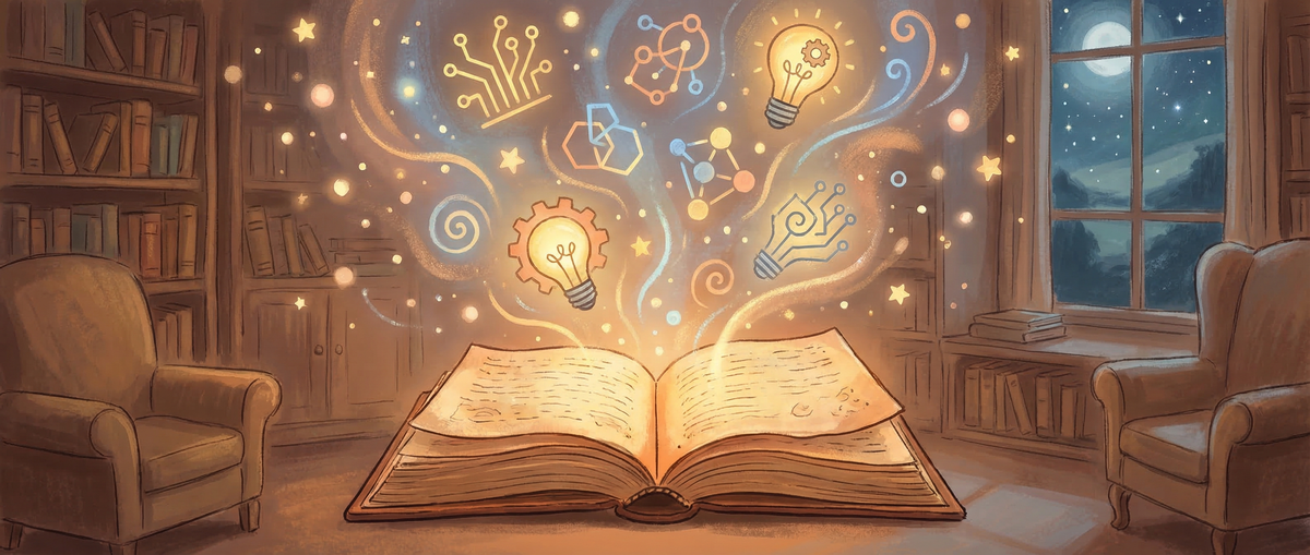 AI glossary: open book with glowing pages and floating tech symbols, making artificial intelligence accessible to everyone