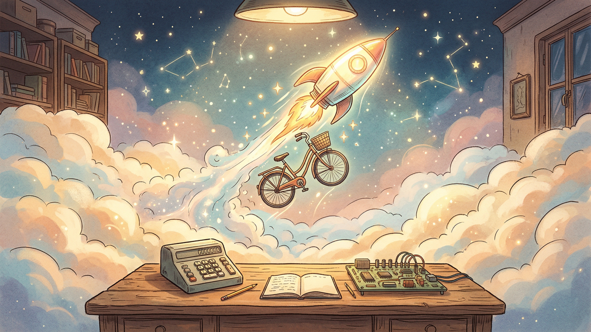 Warm illustrated scene of a bicycle transforming into a glowing rocketship, surrounded by light particles and stars, representing the evolution from computers as tools to AI as transformation
