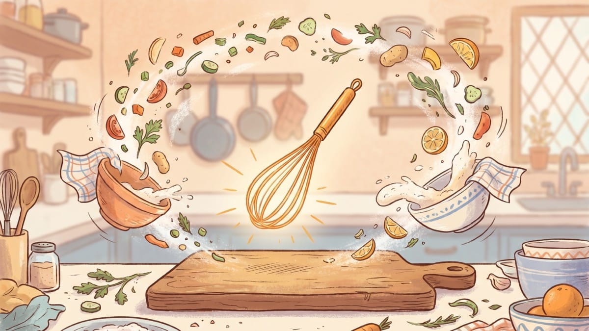AI writing collaboration concept: magical glowing kitchen representing the partnership between human taste and artificial intelligence speed