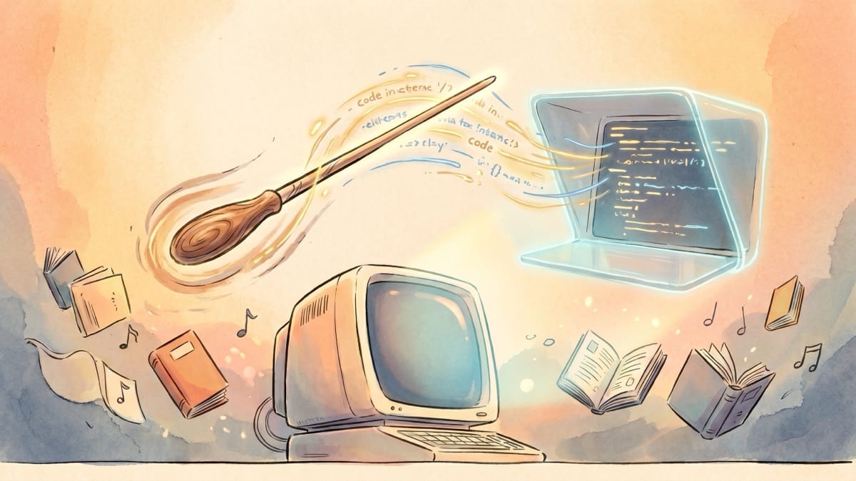 Vibe coding explained: a conductor's baton orchestrating glowing software code, showing how we can build without typing.