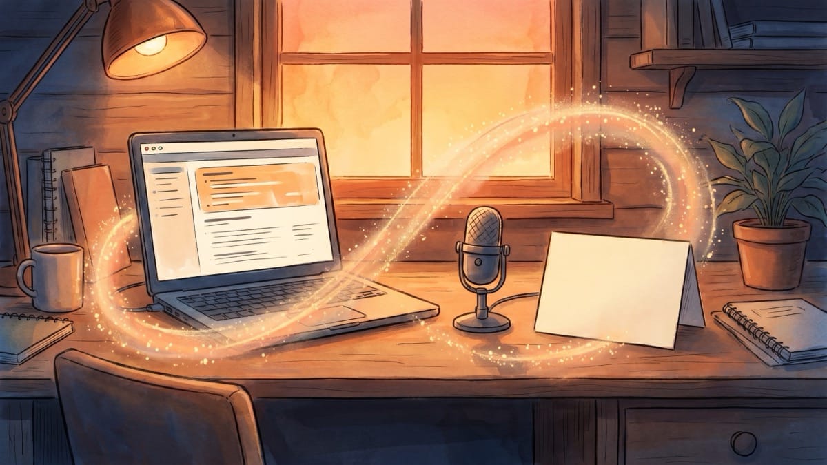 Vibe coding app: glowing desk scene showing an idea, microphone, and laptop becoming Tellie through AI collaboration