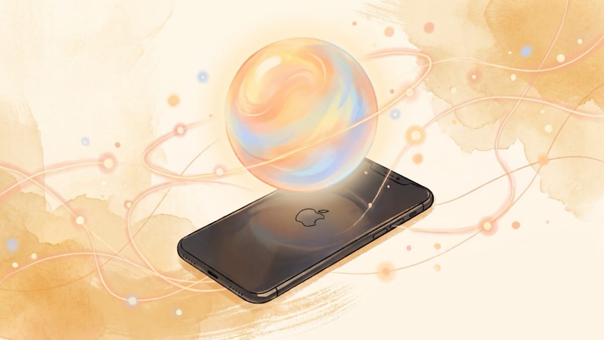 Siri's quiet AI upgrade: glowing voice assistant orb hovering above a smartphone, showing everyday AI magic