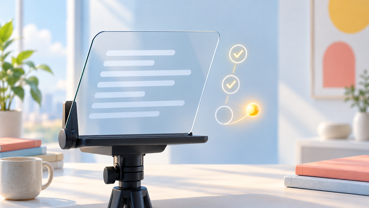 A glowing orb checks off two points beside a teleprompter script and lights up a third point still to cover.