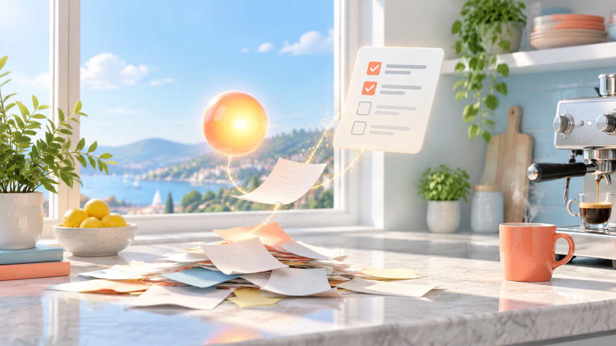 A small glowing orb with a warm yellow core and coral edge hovers above a messy pile of paper notes, lifting pages one at a time into a neat floating checklist card with two items checked