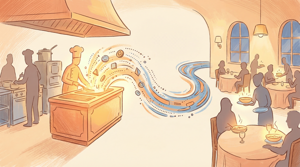 AI inference explained: Restaurant kitchen transforming into flowing tokens representing the shift from AI training to real-time inference