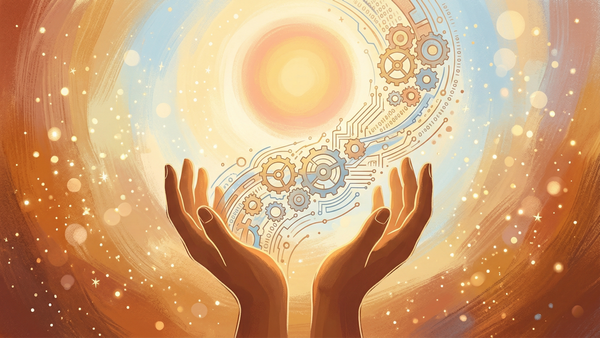 AI jobs and employment concept: human hands reaching toward light with gears and circuits showing AI amplifying human capability