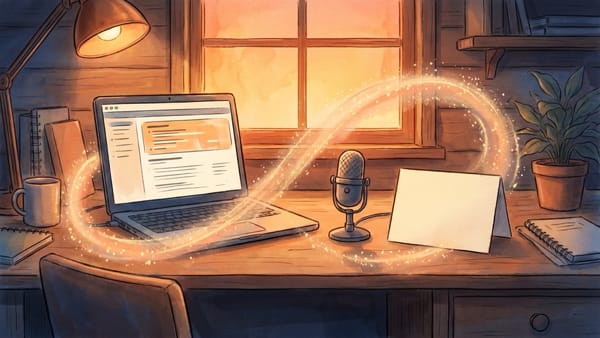 Vibe coding app: glowing desk scene showing an idea, microphone, and laptop becoming Tellie through AI collaboration
