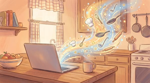 Hand-drawn illustration style of a glowing laptop acting as a magical, private kitchen counter.