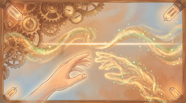 A human hand reaching toward a hand made of glowing golden light, framed by antique brass gears and vacuum tubes: human and AI collaboration.