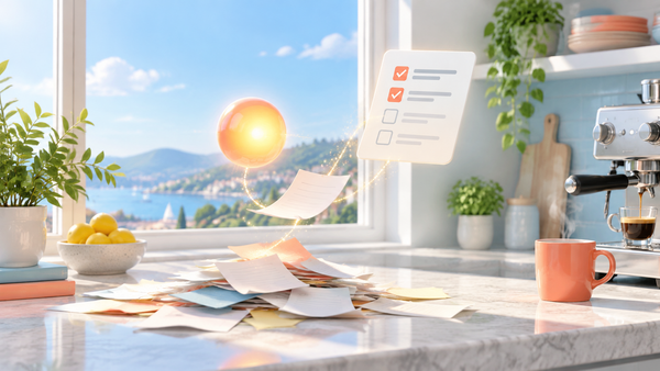 A small glowing orb with a warm yellow core and coral edge hovers above a messy pile of paper notes, lifting pages one at a time into a neat floating checklist card with two items checked